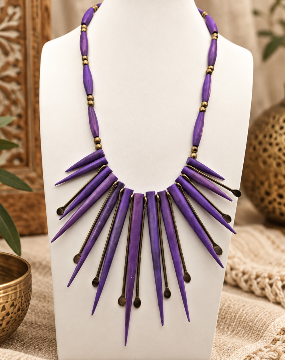 Vintage Purple Spike Fringe Bib Necklace 18” Gold Tone Boho Runway Statement